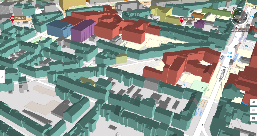 3D-Stadtmodell von Dortmund mit Verortung der Bomben-Verdachtspunkte und farblich markierten Gebäudeattributen in der 3D-Kartenanwendung VC Map. (c) virtualcitysystems GmbH
